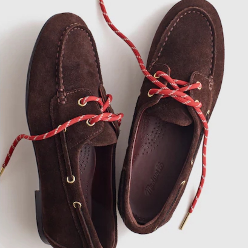 Women’s Brown Suede Boat Shoes with Red Laces